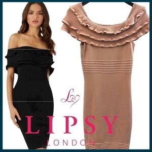 Lipsy London Rose Pink Bardot Off Shoulder Ruffle Bodycon Midi Dress (6)
